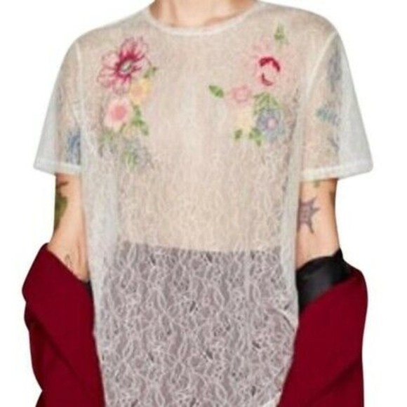 Zara Floral Embroidered Sheer Lace Top - Picture 1 of 8